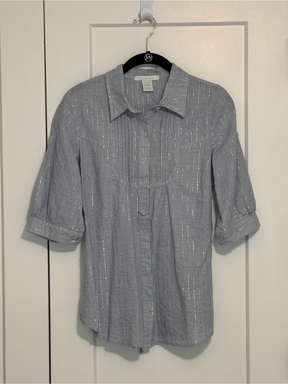Charlotte Russe Light Blue Metallic-Striped Button-Front Shirt
